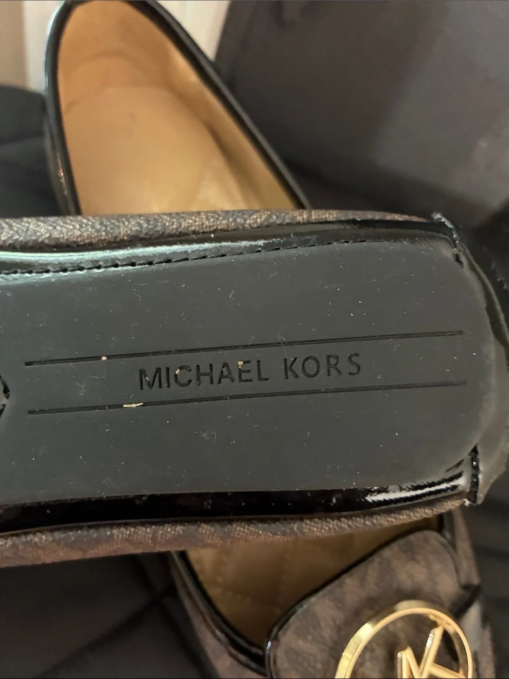 Michael Kors Brown Logo MK Gold-Emblem Loafers